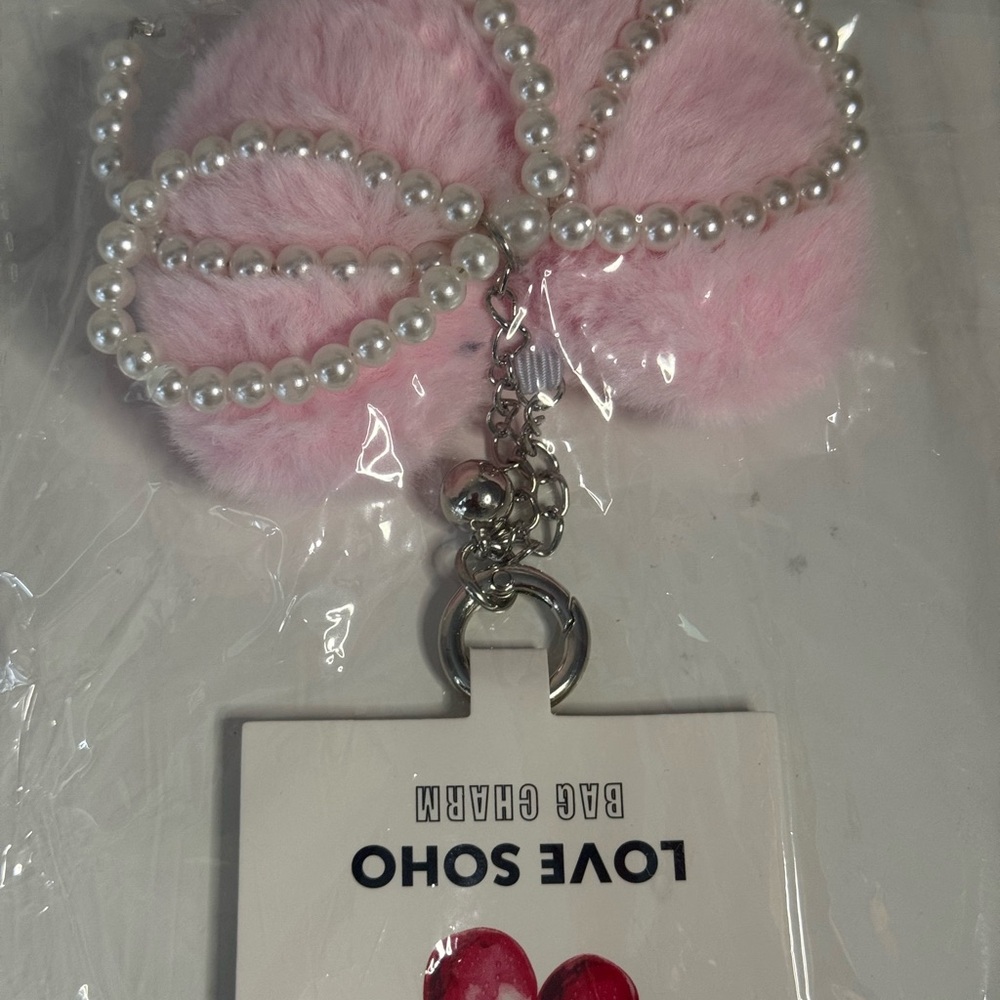 Love SOHO Pink Fur Bag Charm with Pearls